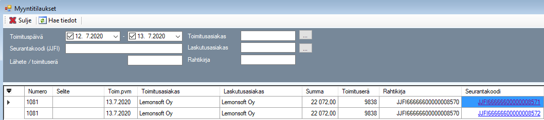 Lemonsoft kuljetussanomat tilausten haku