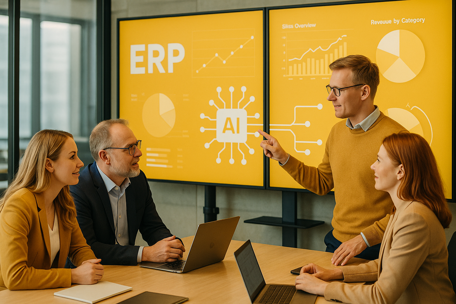 Tiimi työskentelee ERP-järjestelmän tekoälyratkaisujen kanssa. Kuvassa näkyy kaavioita ja dataa, AI tukee työntekijöitä.