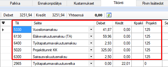 Projektin tiliöinnit